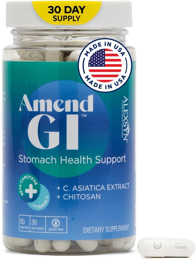 Amend GI All-Natural Stomach Health Support 60 Capsules - Nutraceutical for Stress-Induced Ulcer Symptoms - Supports Healing and Digestive Health with Asiatica Extract & CM Chitosan 2