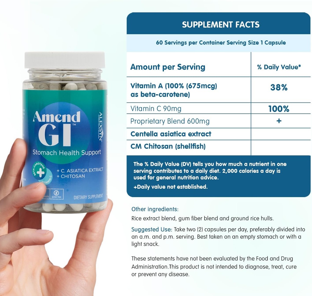 Amend GI All-Natural Stomach Health Support 60 Capsules - Nutraceutical for Stress-Induced Ulcer Symptoms - Supports Healing and Digestive Health with Asiatica Extract & CM Chitosan 3