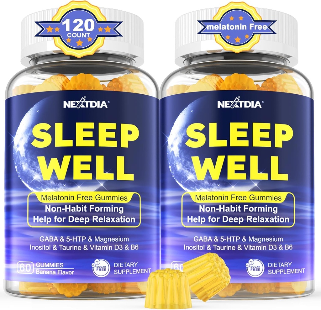 Melatonin Free Sleep Gummies with Magnesium Glycinate, GABA, 5-HTP, L-Theanine, Valerian, Chamomile, Lemon Balm, Vitamin D3 & B6 - Hormone & Drug- Free, Non-Habit Forming,2 Pack 2