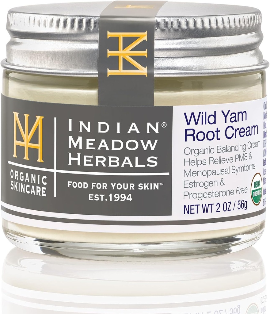 Indian Meadow Herbals Wild Yam Root Cream (2oz) - USDA Certified Organic Balancing Cream for PMS & Menopause Relief - Estrogen & Progesterone-Free. Handmade By US. Woman-owned & Operated Since 1994. 2
