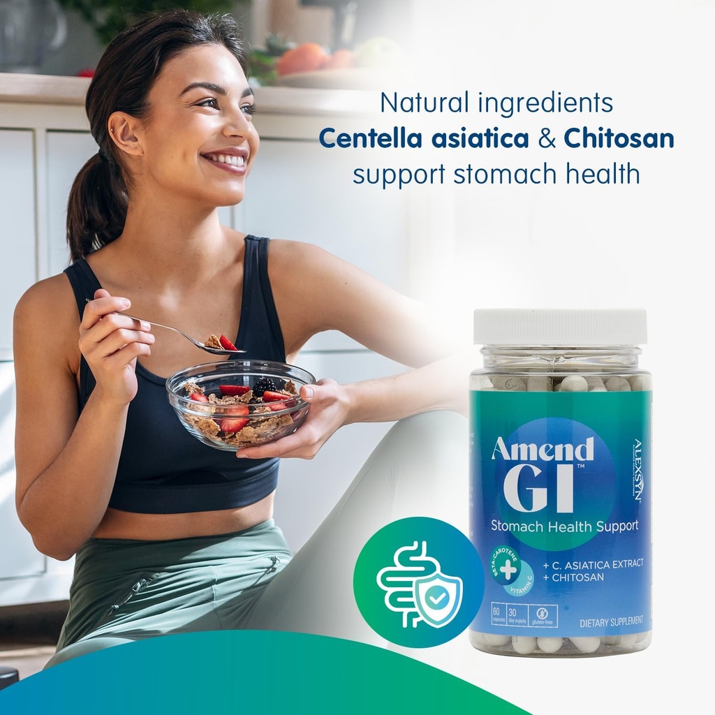 Amend GI All-Natural Stomach Health Support 60 Capsules - Nutraceutical for Stress-Induced Ulcer Symptoms - Supports Healing and Digestive Health with Asiatica Extract & CM Chitosan 4