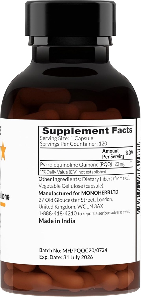 MONOHERB PQQ 20 milligrams - PQQ Supplement, Pyrroloquinoline Quinone, 120 Capsules 3