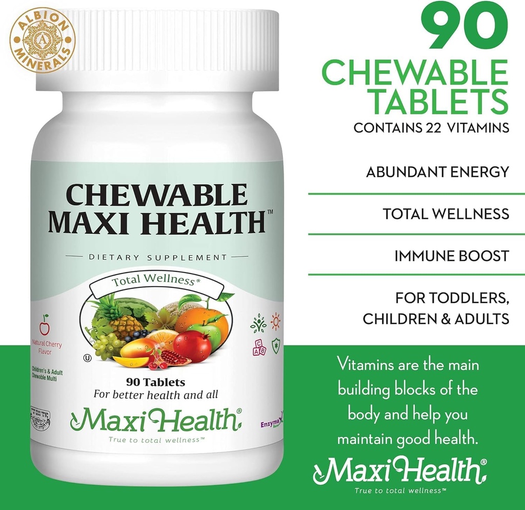 Maxi Health Chewable Multivitamin for Kids, Teens and Adults - Cherry Chewable Vitamins for Adults & Children - Kosher Kids Multivitamin + Iron (90 Tablets) 3