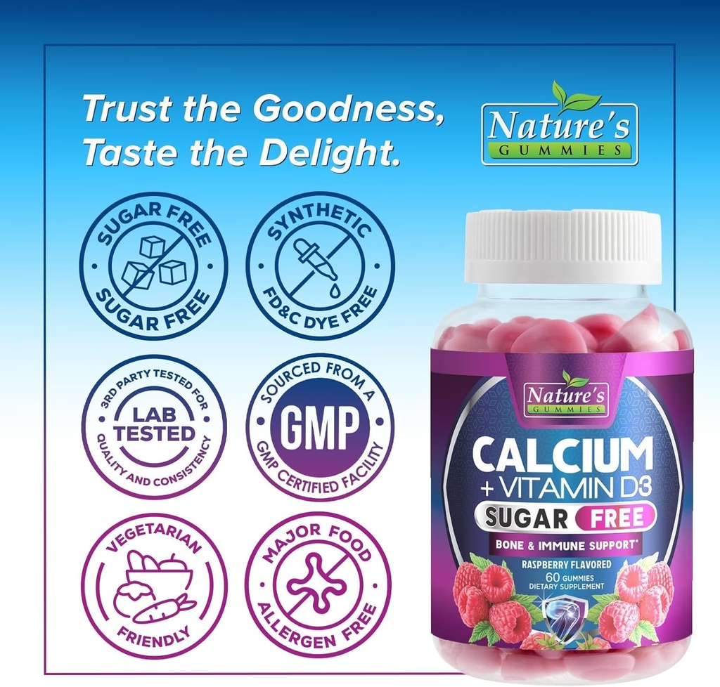 Calcium Supplement Gummies - Sugar Free Calcium Gummy with 400 IU Vitamin D3 for Best Absorption - Supports Immune Health, Bones & Teeth - Nature's Calcium Chews for Women & Men - 120 Gummies 5
