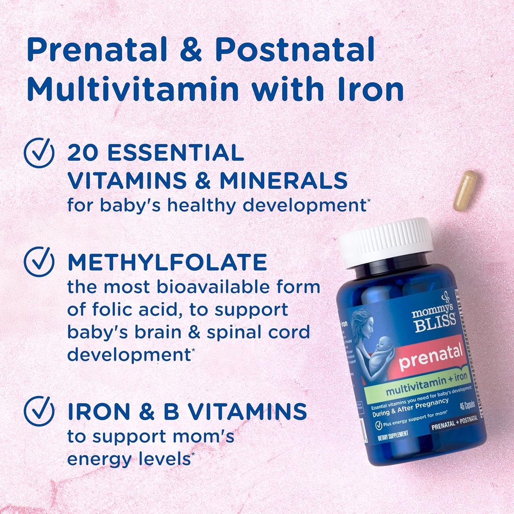 Mommy's Bliss Prenatal Multivitamin with Iron and Folic Acid, Supports Baby Development + Mom Immune System & Energy Levels w/ B Vitamins & Probiotics, Vegan & Gluten Free (45 Servings) 4
