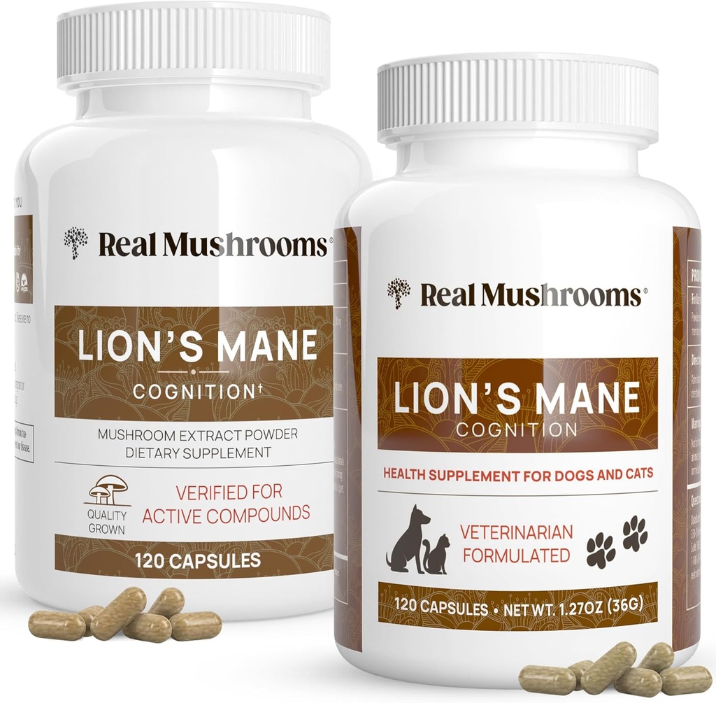 Real Mushrooms Lions Mane for Humans (120ct) and Pets (120ct) - Bundle for Cognition & Immunity - Vegan, Non-GMO, Gluten-Free, Grain-Free Mushroom Extract Supplements 2