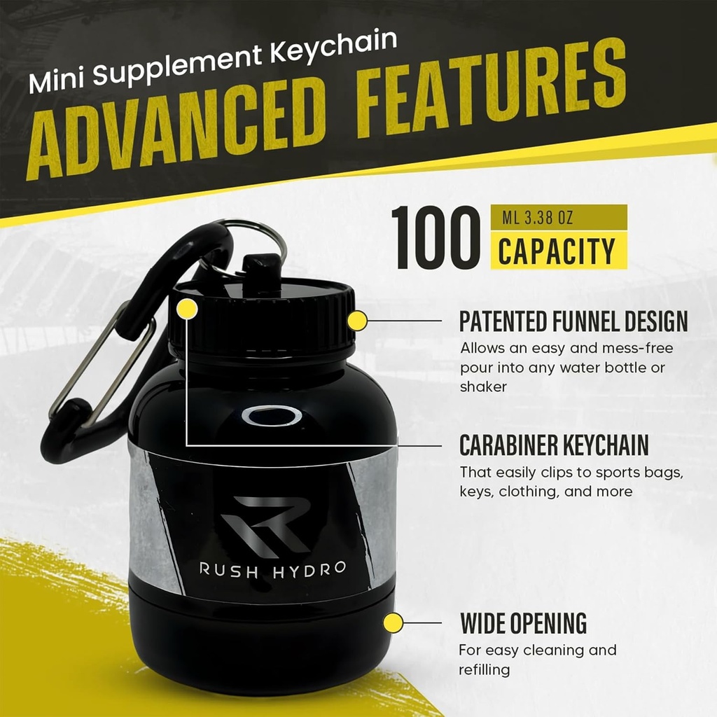 RUSH HYDRO Supplement Protein Powder Funnel Keychain, Travel Protein Powder Container with Dual Screw Cap, 100 mL Container for Hydration Powder & Supplements, Black 5