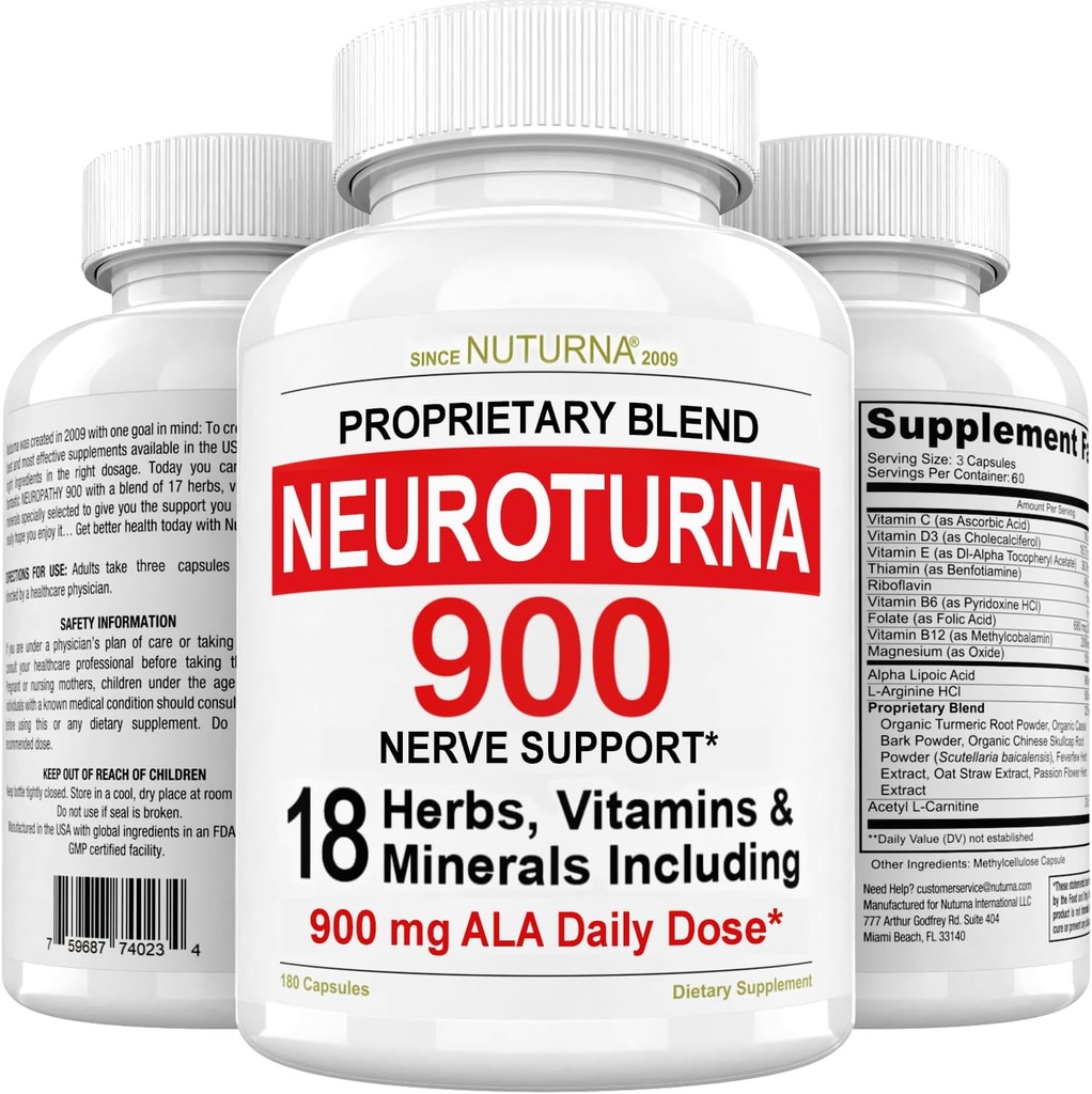 Neuropathy Support Nerve Supplement with 900 mg Pure Alpha Lipoic Acid - Maximum Strength Formula, Fortify Nerves in Fingers, Hands, Toes, & Feet - Best Peripheral Relief Support - 180 Capsules 2