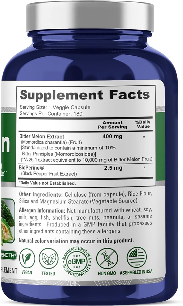 NusaPure Bitter Melon Extract 10,000 mg 180 Vegan Caps (100% Vegetarian, Non-GMO, Gluten-Free, 10% Bitter Principles) Bioperine 3