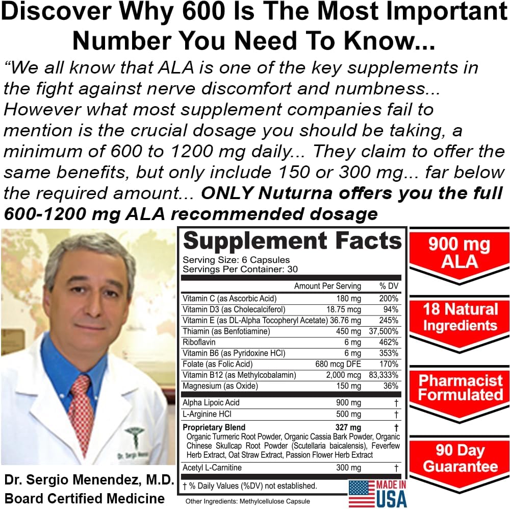 Neuropathy Support Nerve Supplement with 900 mg Pure Alpha Lipoic Acid - Maximum Strength Formula, Fortify Nerves in Fingers, Hands, Toes, & Feet - Best Peripheral Relief Support - 180 Capsules 4