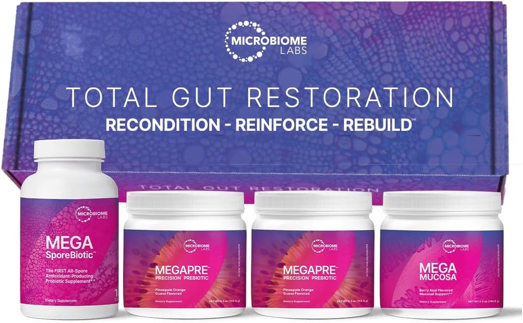 Microbiome Labs Total Gut Restoration Kit (Powder) - 3-Product Gut Health Spore Based Probiotic, Prebiotic Powder & Mucosal Immunoglobulin + Amino Acids Supplement for Immune, GI & Digestive Health 2