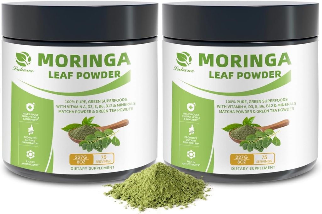 Organic Moringa Powder & Matcha Powder, Multi-Green Superfoods with Green Tea Resveratrol - Energy and Digestive Support, Rich in Antioxidants and Vitamin A D3 E B6 B12 Calcium, Non-GMO, Vegan, 16 oz 2