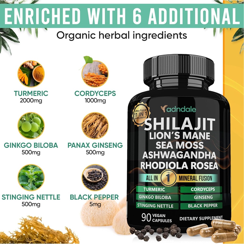 Adndale Shilajit Supplement. Pure Himalayan Organic Shilajit for Men and Women Capsules with Sea Moss Ashwagandha Rhodiola Rosea Lion’s Mane. 90 Count 4