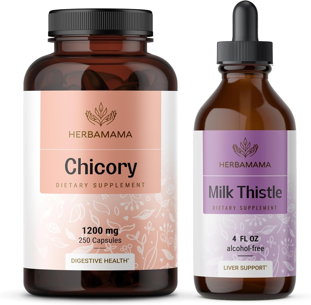 HERBAMAMA Chicory and Milk Thistle Kit - Bundle of 1200 mg Chicory Root Capsules & Milk Thistle Tincture 4 fl oz - Vegan, Non-GMO, Sugar & Alcohol-Free - 2 Pack 2