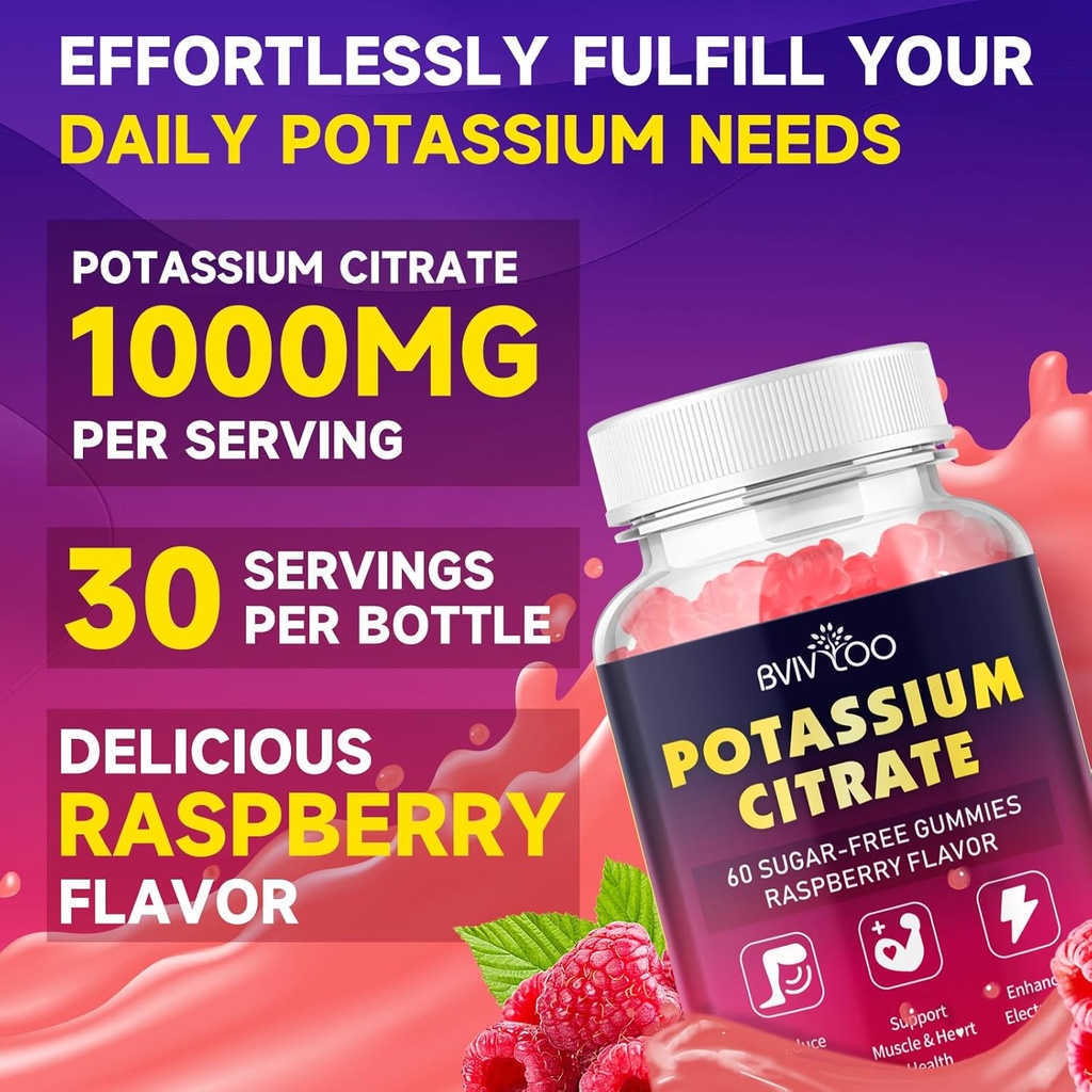 Potassium Citrate Gummies for Adults, Sugar-Free Potassium 1000mg Support Leg Cramps & Electrolyte Balance High Potency 60 Count 6