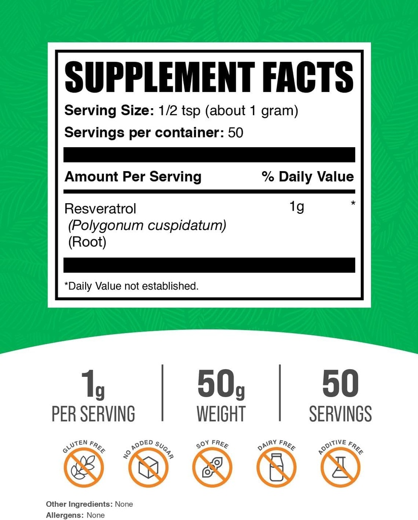 BulkSupplements.com Resveratrol Powder - Resveratrol Supplement, from Polygonum Cuspidatum - Antioxidant, Gluten Free, 1g per Serving, 50g (1.8 oz) (Pack of 1) 3