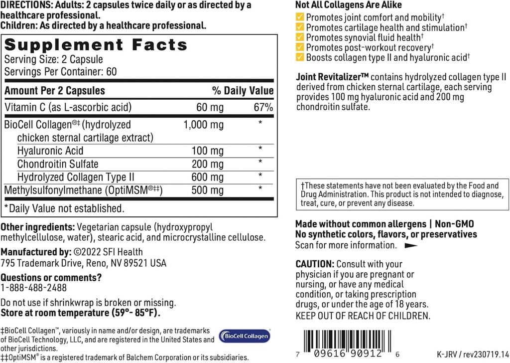 Klaire Labs SFI Health Joint Revitalizer - Patented Hydrolyzed Collagen Peptide Formula with Chondroitin, MSM & Hyaluronic Acid, Hypoallergenic Connective Tissue Support (120 Capsules) 6