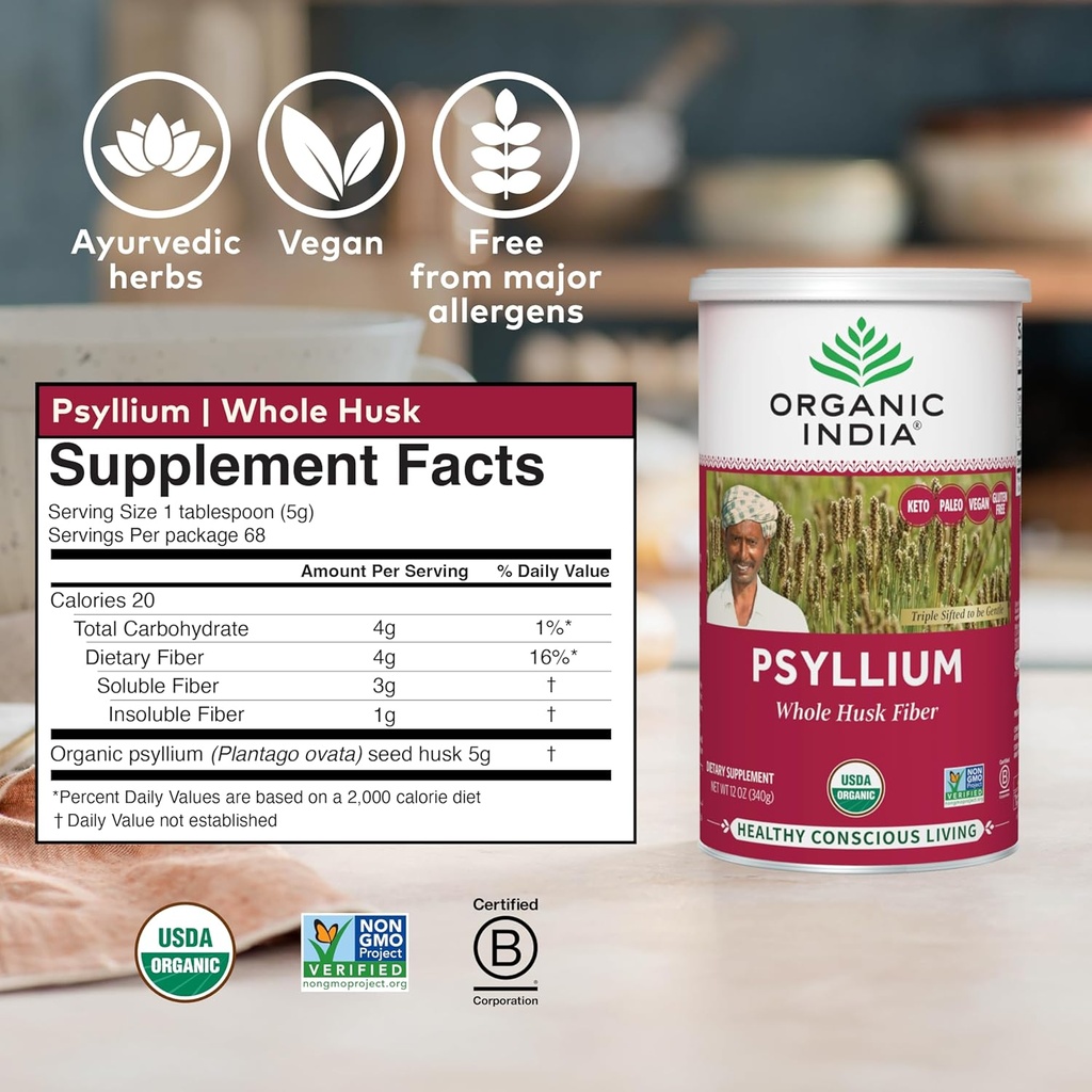 ORGANIC INDIA Psyllium Herbal Powder - Whole Husk Fiber Supplement, Digestion Support, Vegan, Gluten-Free, USDA Certified Organic, Non-GMO, Soluble & Insoluble Fiber Source - 12 oz (Pack of 3) 5