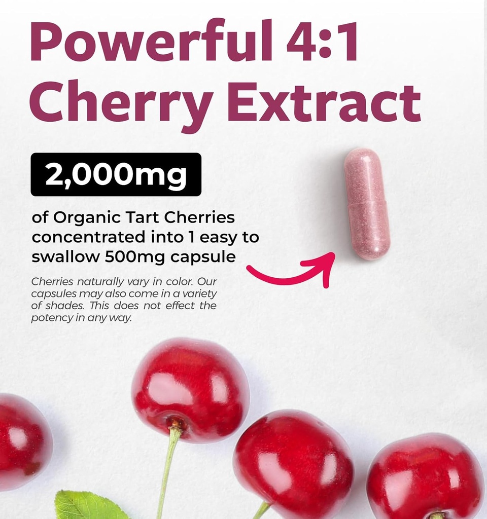 Organic Tart Cherry Capsules - High Strength 4:1 Tart Cherry Extract Capsules with 2000mg Herbal Equivalent per Serving for Uric Acid Support - Vegan Non-GMO & Made in the USA (2 Months Supply) 4