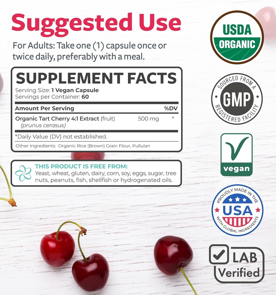 Organic Tart Cherry Capsules - High Strength 4:1 Tart Cherry Extract Capsules with 2000mg Herbal Equivalent per Serving for Uric Acid Support - Vegan Non-GMO & Made in the USA (2 Months Supply) 6