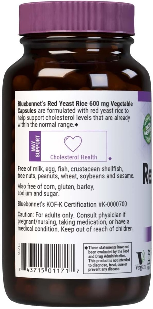 Bluebonnet Nutrition Red Yeast Rice 600 mg, Heart Health*, Non-GMO, Vegan, Kosher Certified, Gluten-Free, Soy-Free, Dairy-Free, 120 Vegetable Capsules, 120 Servings 4