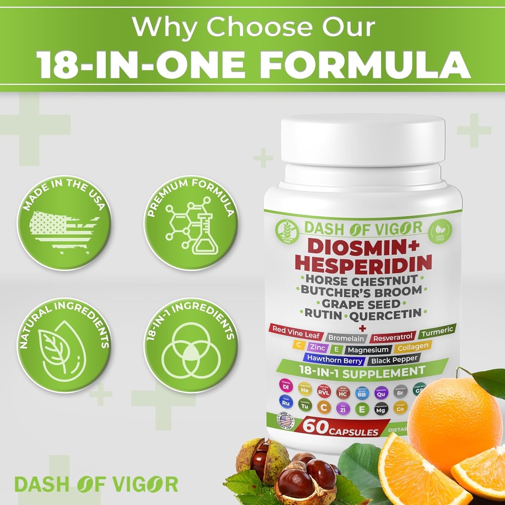 Dash of Vigor 18-in-1 Diosmin Hesperidin Supplement, Quercetin with Bromelain, Zinc, Vitamin C with Rutin Supplement, Horse Chestnut Extract, Butcher's Broom Extract, USA, 60 Capsules 6