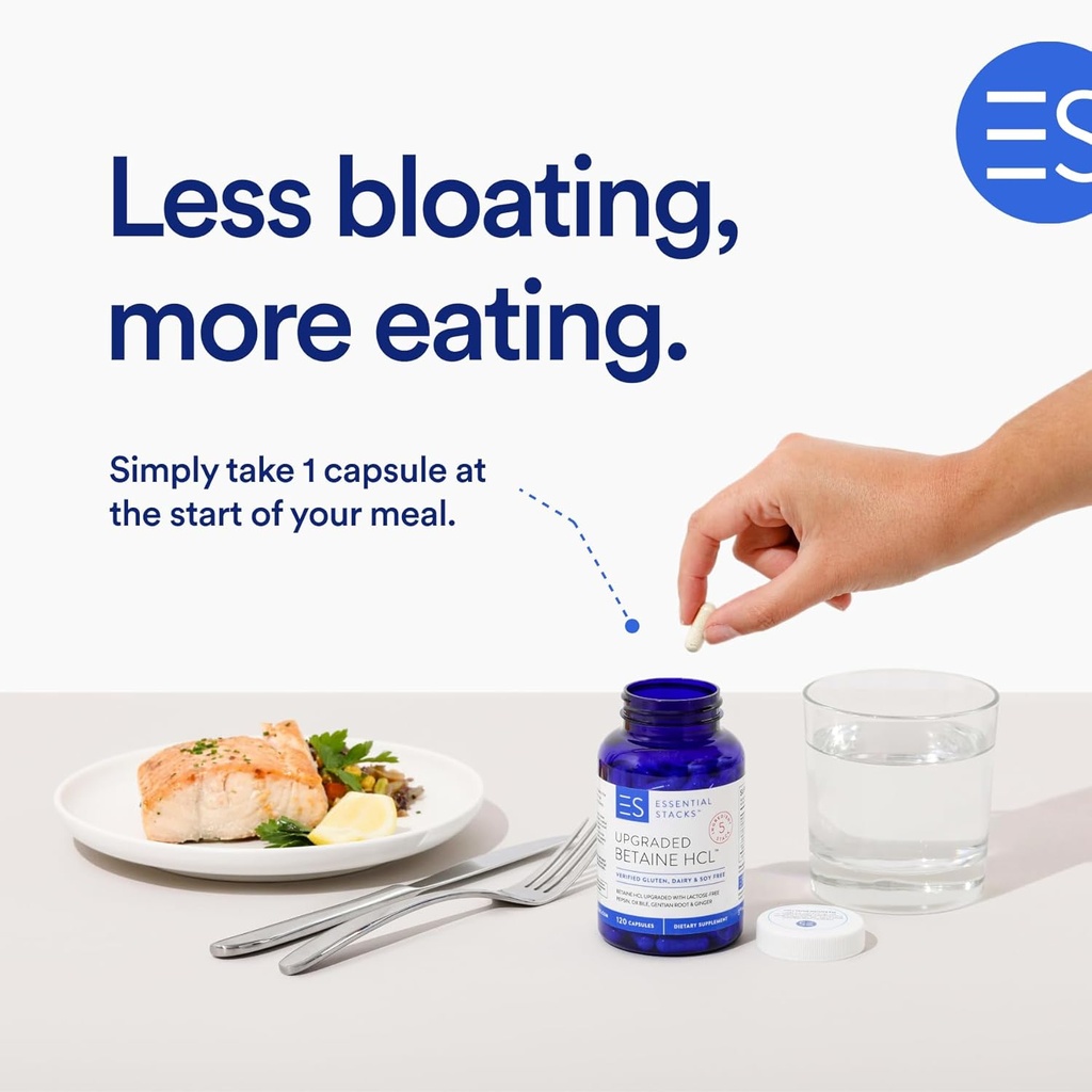 Essential Stacks Betaine HCL with Pepsin, Ox Bile, Organic Gentian & Ginger - Betaine Hydrochloride Supplement w Digestive Enzymes, Bile & Bitters - Gluten, Dairy & Soy Free (120 Capsules) 3