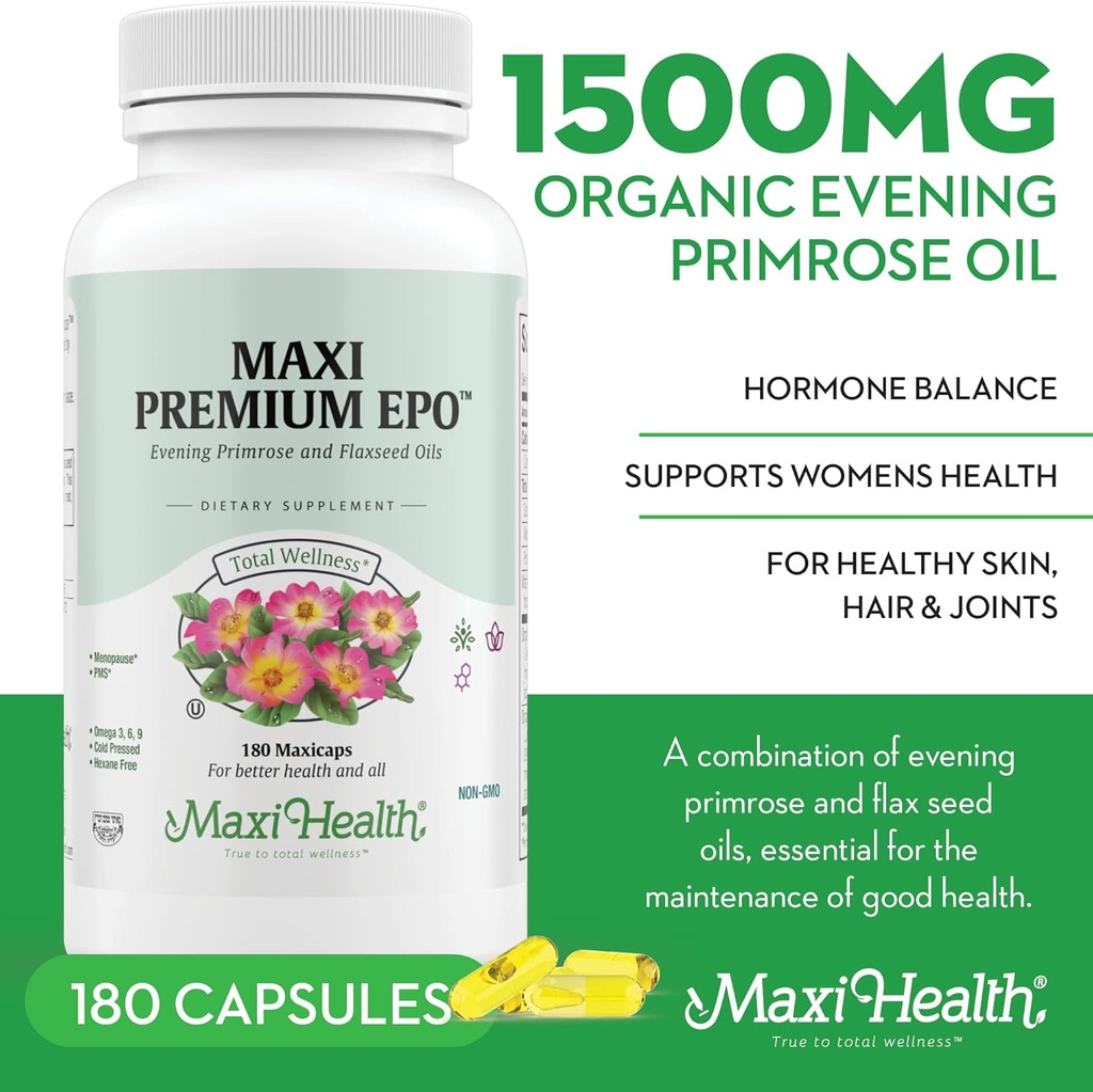 Maxi-Health Evening Primrose and Flax Seeds Oil Softgels - Vegan Omega 3 6 9 Supplements for Healthy Skin, Hair, and Joints - Kosher Certified, Organic Evening Primrose Oil Softgels, 180 Count 4