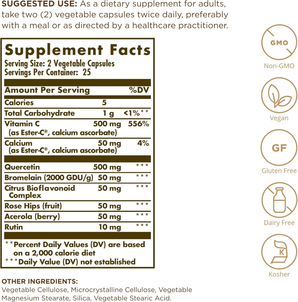Solgar Quercetin Complex with Ester-C Plus - 50 Vegetable Capsules - Immune Health Support - Gentle on The Stomach Vitamin C - Non-GMO, Vegan, Gluten Free, Kosher - 25 Servings 3