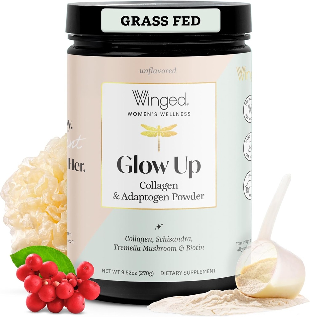Winged Wellness Glow Up, Collagen Powder for Women - Hair, Skin & Nails Beauty Supplement with Grass-Fed Hydrolyzed Collagen Peptides Adaptogens, Vitamin C & Biotin - 25 Servings, Unflavored 2