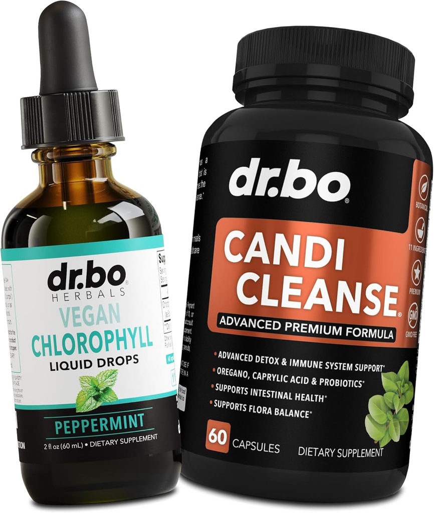 Chlorophyll Liquid Drops Body Detox & Candi Cleanse - Vegan Liquid Chlorophyll Drops Odor Cleanse Supplement Internal Deodorant - Extra Strength Probiotic Oral Herbal Oregano & Caprylic Acid Capsules 2