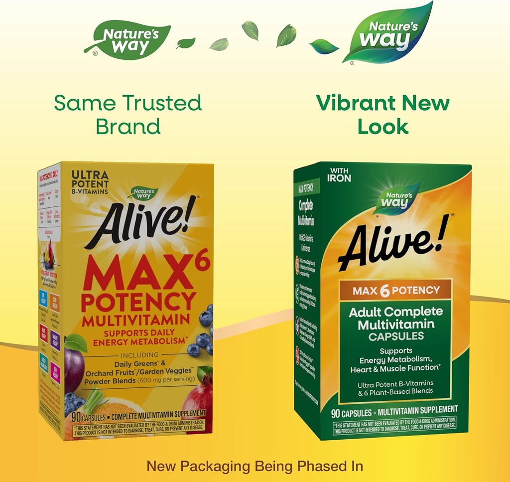 Nature's Way Alive! Max6 Potency Adult Complete Multivitamin, with Iron, Vitamins A, C, E & B-Vitamins Including Methylated B12 & Folate, Supports Energy Metabolism*, 90 Capsules (Packaging May Vary) 3
