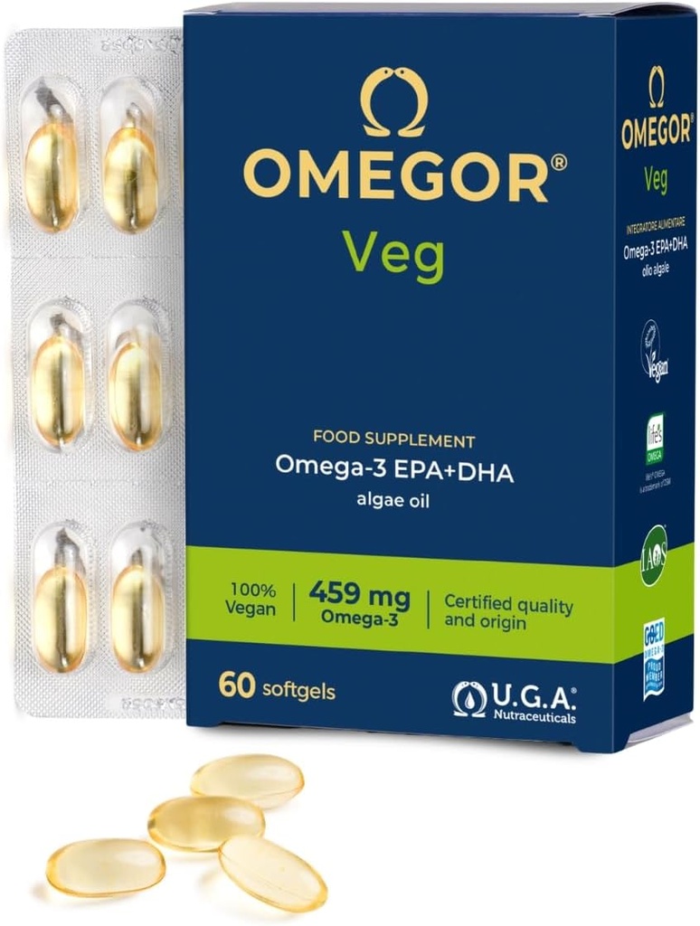 Vegan Omega 3 Supplement OMEGOR Veg - Algae Oil Omega 3 with 250mg EPA and 125mg DHA with Vitamin E - Vegan Society and IFOS Certified (60 Caps) 2
