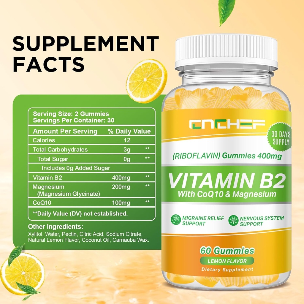Vitamin B2 Gummies, Riboflavin 400mg Supplement with Magnesium Glycinate & CoQ10 for Adults & Kids, Support Migraine Relief & Nervous System, Boost Energy, Sugar Free Vegan B2 Gummies Lemon Flavor 3