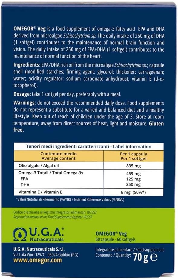 Vegan Omega 3 Supplement OMEGOR Veg - Algae Oil Omega 3 with 250mg EPA and 125mg DHA with Vitamin E - Vegan Society and IFOS Certified (60 Caps) 3