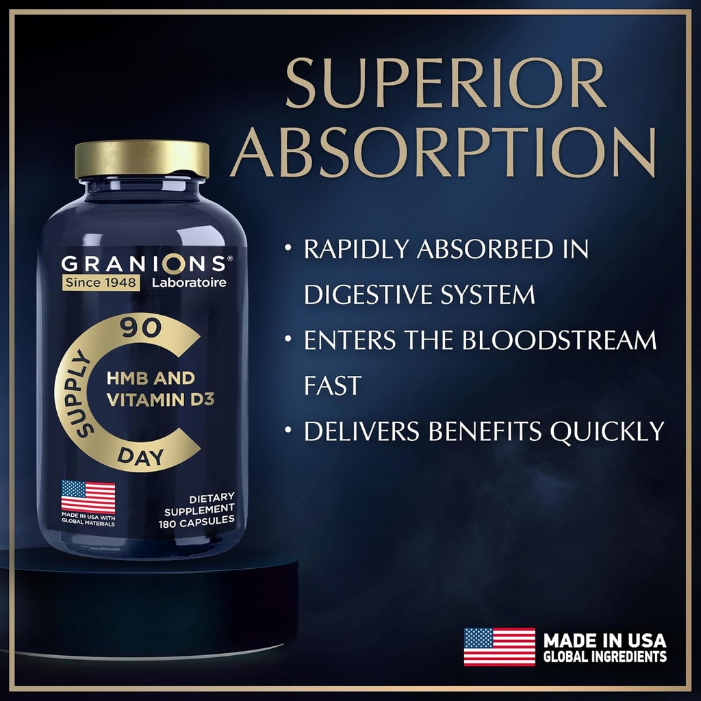 Granions HMB and Vitamin D3 Supplement - Muscle Recovery, Beta Hydroxy Butyrate Pre Workout Muscle Builder, Mass Gainer - 1000 MG with D3 and Calcium - 360 HMB Capsules, 6-Month Supply 3