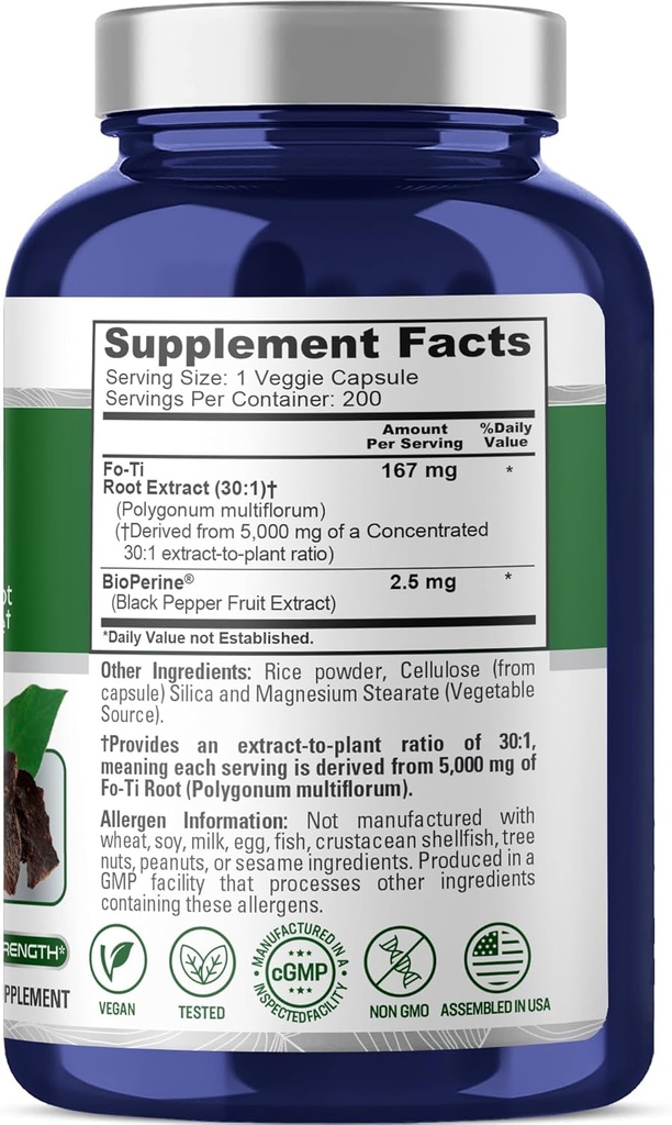 NusaPure Fo-Ti 30:1 Extract, 167 mg Equivalent to 5000mg per Veg Caps, 200 Count, Non-GMO, Vegan, Bioperine 3