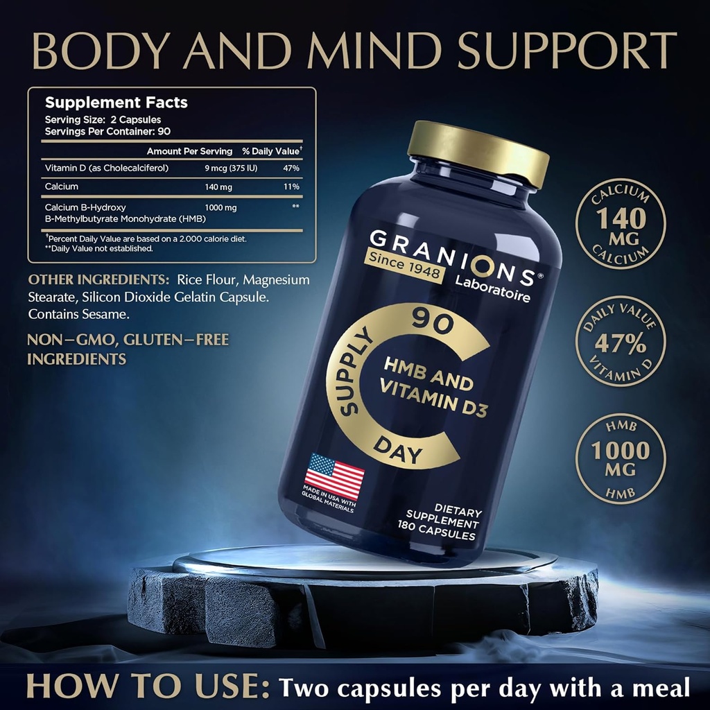 Granions HMB and Vitamin D3 Supplement - Muscle Recovery, Beta Hydroxy Butyrate Pre Workout Muscle Builder, Mass Gainer - 1000 MG with D3 and Calcium - 360 HMB Capsules, 6-Month Supply 5