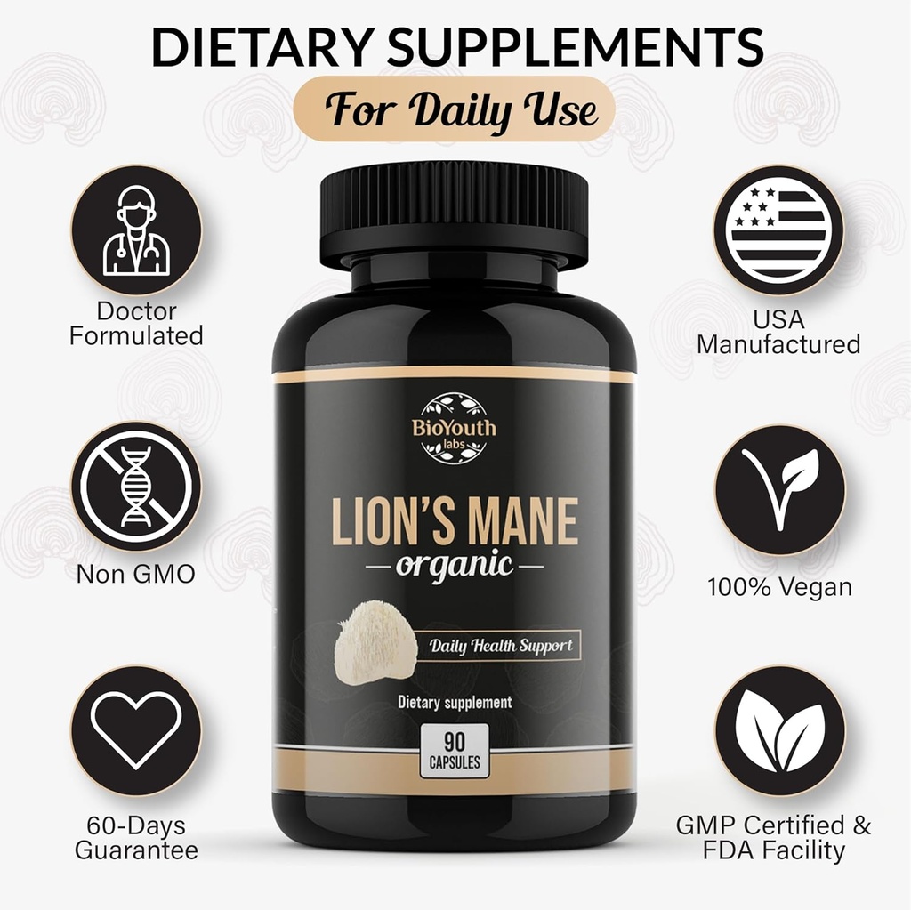 Organic Lions Mane Capsules Dietary Supplement Premium Organic Lions Mane Mushroom Extract | 90 Capsules 6