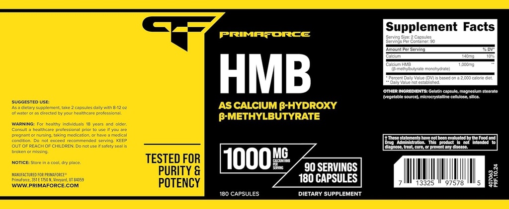 Primaforce HMB (Beta-Hydroxy Beta-Methylbutyrate) 1000mg, 180 Capsules (500mg Per Capsule) - Gluten Free and Non-GMO Supplement 6