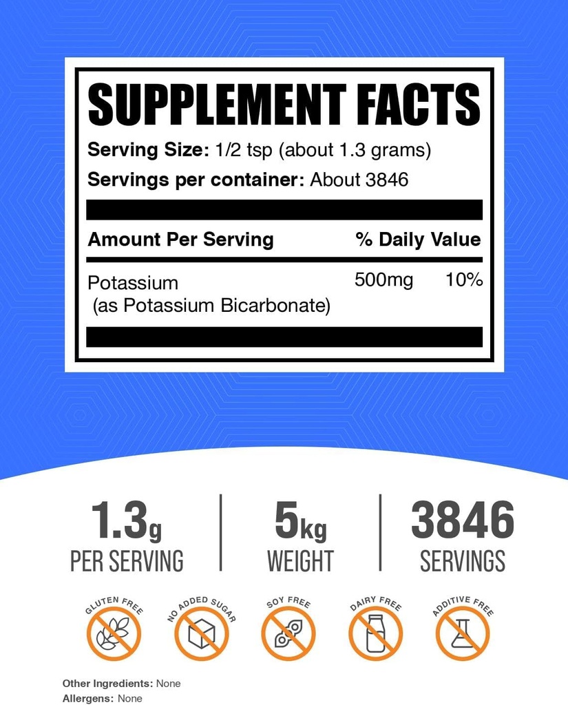 BulkSupplements.com Potassium Bicarbonate Powder - Potassium Bicarbonate Food Grade, Mineral Supplement - Gluten Free, 1.3g per Serving, 5kg (11 lbs) (Pack of 5) 3