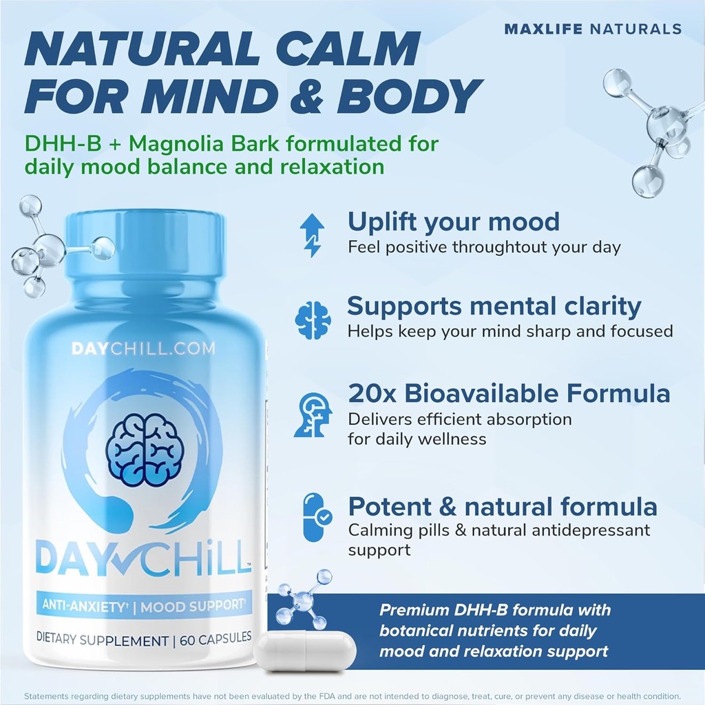 Chill Pill Happy Pills Mood Stabilizer Women and Men with Magnolia Bark 60 Capsules Formulated in USA - DHH-B Dihydrohonokiol-B Calm Pills Minerals and Chill Formula for Relaxation and Health Balance 3