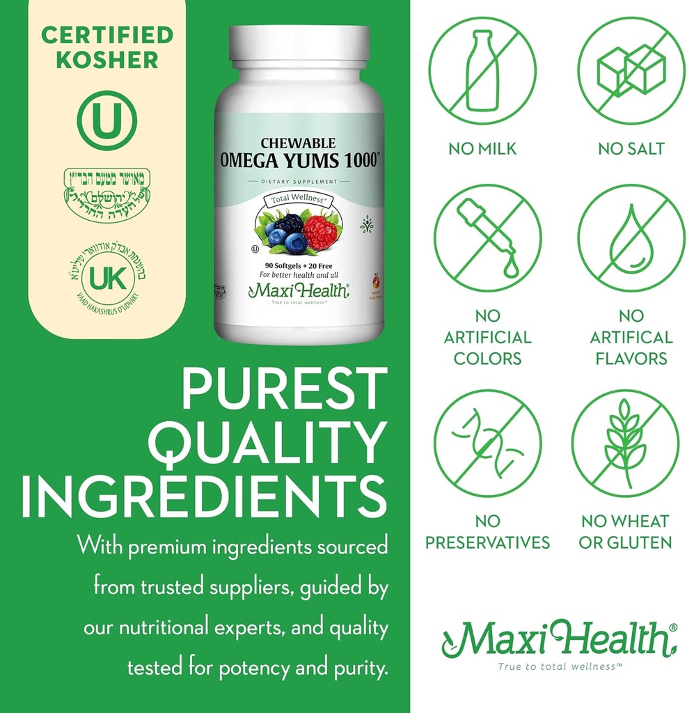 Maxi Health Omega Yums 1000 - Kid Friendly - Fruity Burst Flavor - 110 Softgel Capsules - Kosher 5