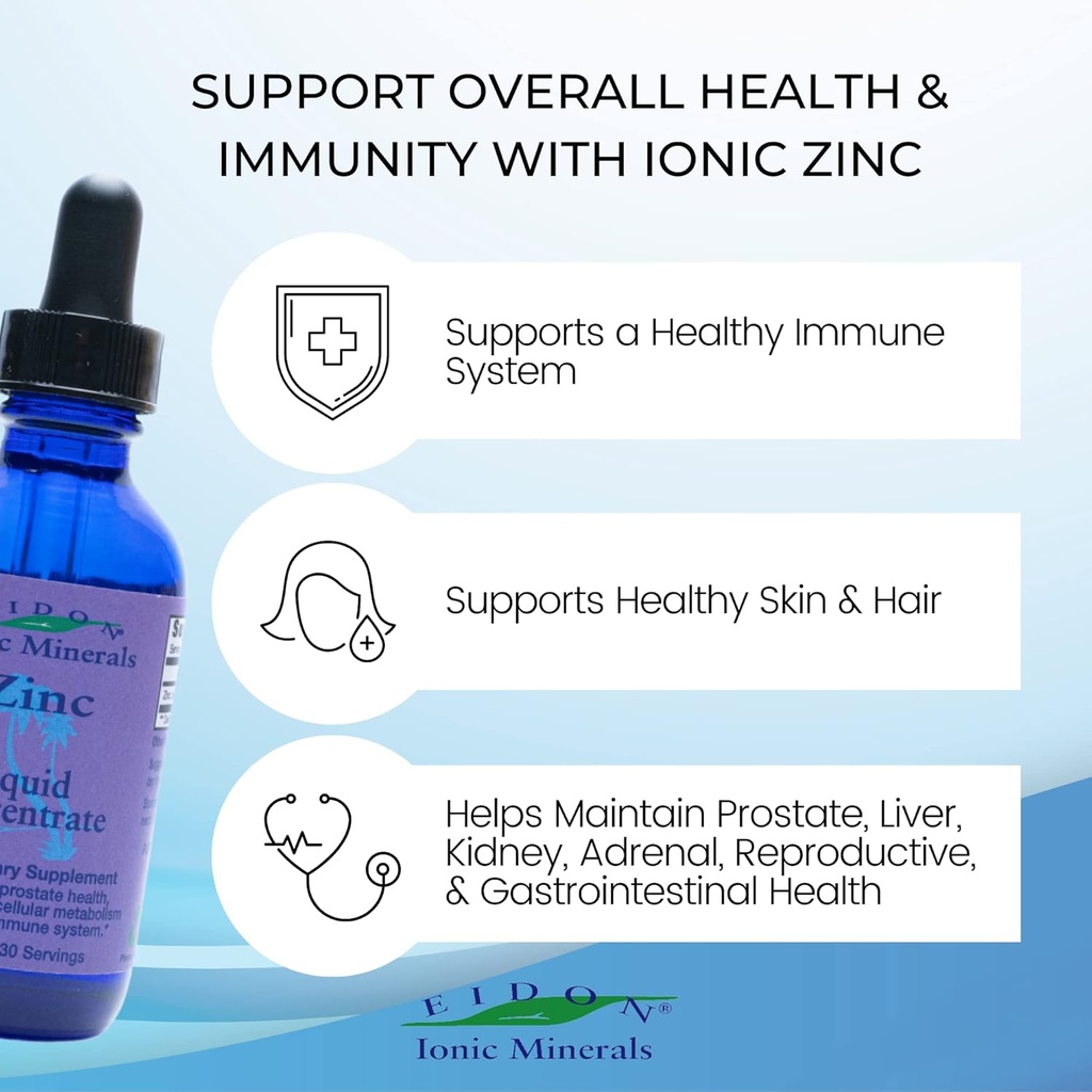 Eidon Ionic Minerals Liquid Zinc Concentrate - Ionic Zinc Supplement Drops for Adults and Kids, Support Immune System, Hair and Skin, Liver and Kidney Health, Relieves Stress - 2 oz 5