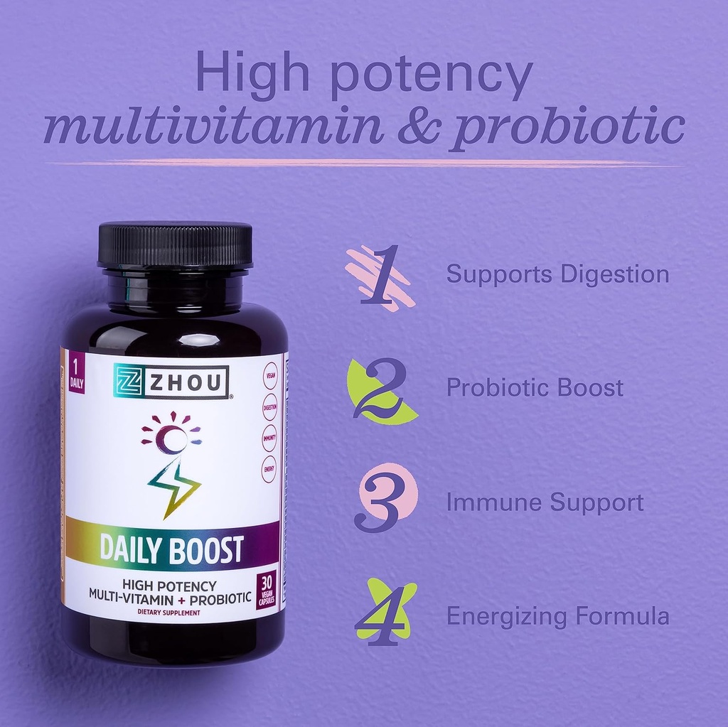 Zhou Daily Boost - Probiotic Multivitamin for Women & Men, Immune Support, Antioxidant & Eye Health Supplement with Vitamin A, Vitamin C, Biotin & Folate for Adults - 30 Veggie Capsules 4
