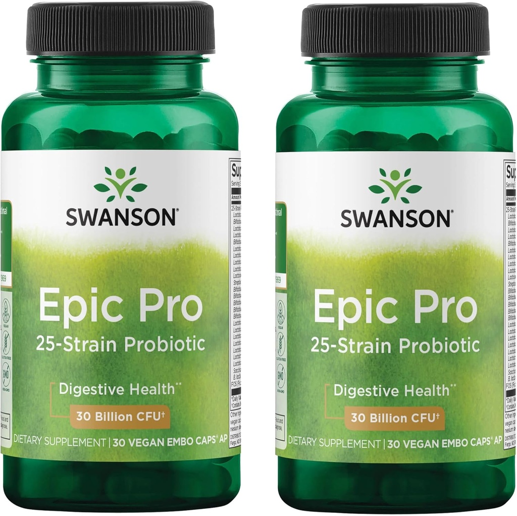 Swanson Epic-Pro 25-Strain Probiotic 30 Billion CFU Digestive Health Immune System Support Prebiotic Nutraflora FOS 30 DRcaps Veggie Capsules (Caps) (2 Pack) 2