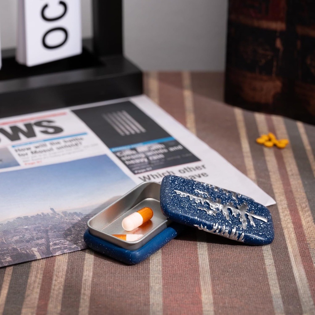 Metal Pill Case Small Travel Pill Box Compact Portable Medicine Container Daily Pocket Organizer Mini Pastillero with Sliding Lid Unique Polymer Clay Top Ideal Gift for Nature Lovers Hikers Campers 6