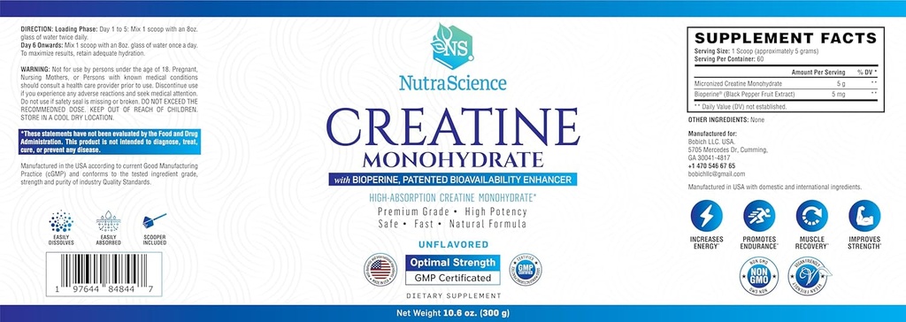 NutraScience Creatine Monohydrate Powder with BioPerine, Supports Lean Muscle Growth and Recovery, 60 Servings, 5000mg Per Serving, Unflavored, GMP sertified, Vegan Friendly, Non GMO 6