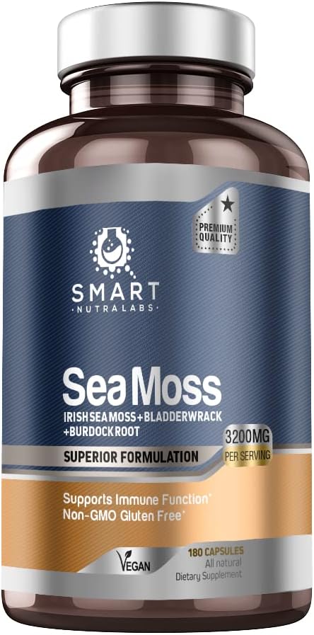 Smart Nutra Labs Organic Sea Moss 3200MG Per Serving- 180 Vegan Capsules- Irish Sea Moss, Bladderwrack and Burdock Root- Premium Quality Supplement for Immune Support and Overall Health 3