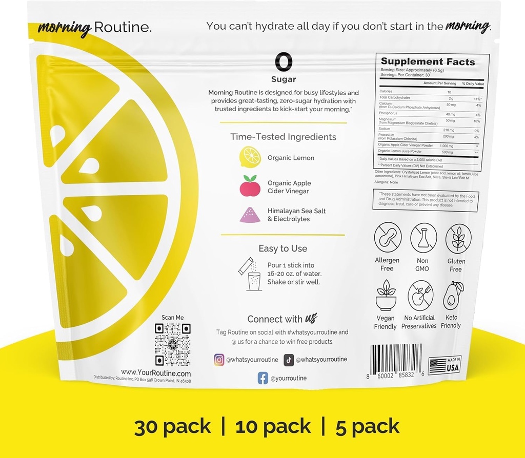 ROUTINE Morning Daily Hydration | Electrolyte Powder Packets with Apple Cider Vinegar, Lemon, and Sea Salt | Keto & Paleo-Friendly Electrolyte Drink Mix (30 Pack) 3